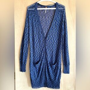 Free People Space Dye Longline Sheer V-Neck Button Cardigan Blue Gray M-L NWT